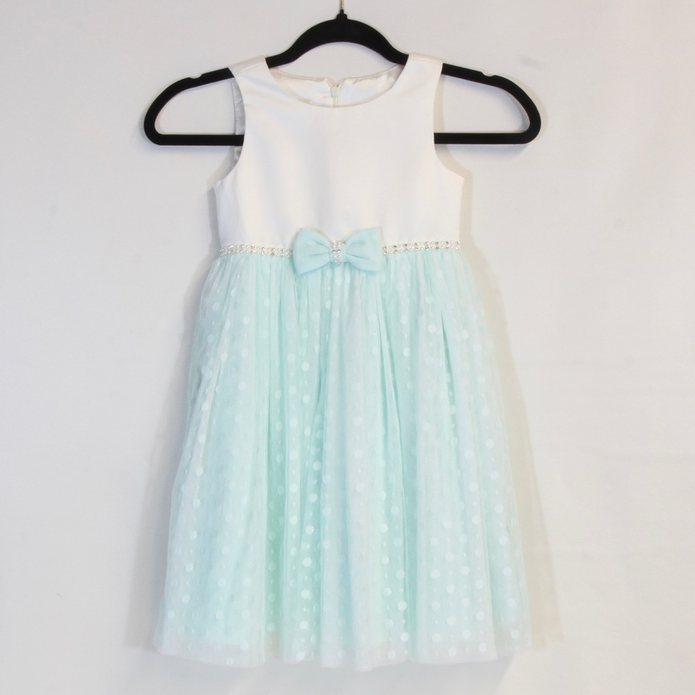 American Princess Girls White Mint Sleeveless Dress with Front Bow Accent Size 5